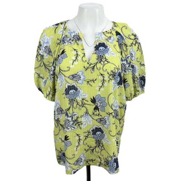 NWT ANNE KLEIN Floral Print Puff Sleeve Blouse Sz Small Sprout / White Multi - Picture 2 of 5